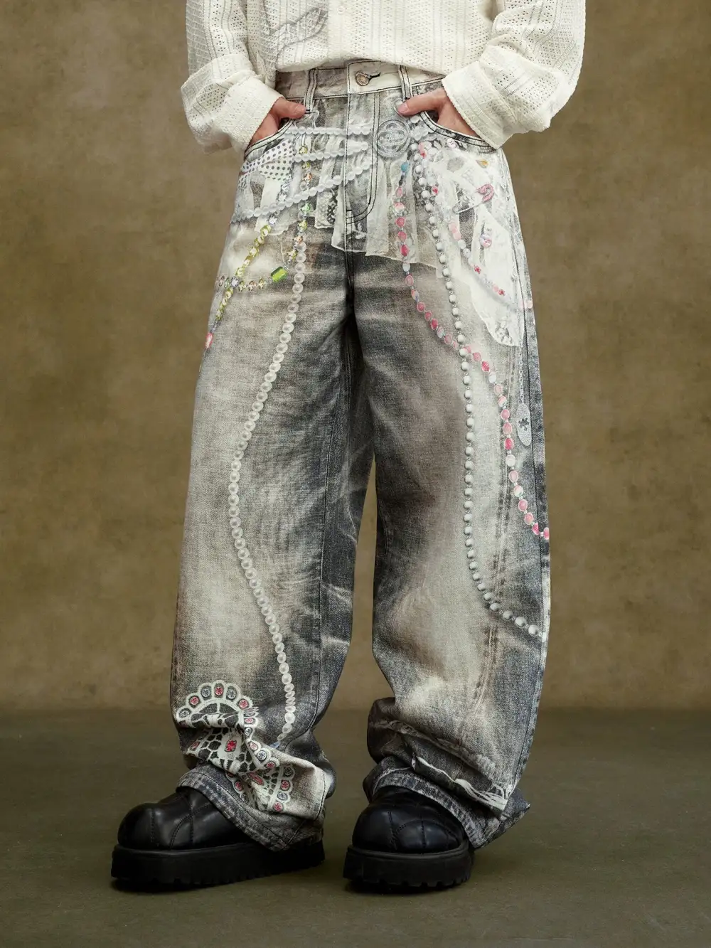 Embellished Deconstructed Denim Jeans