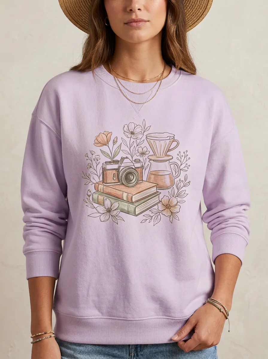 Women's Camera Coffee Book Floral Graphic Sweatshirt