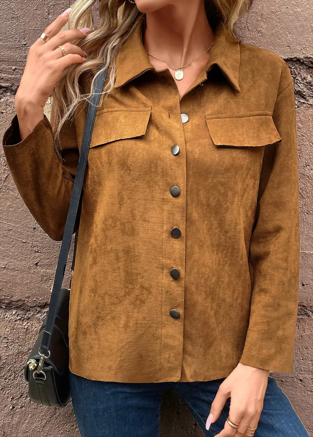 Dark Camel Pocket Long Sleeve Turn Down Collar Coat