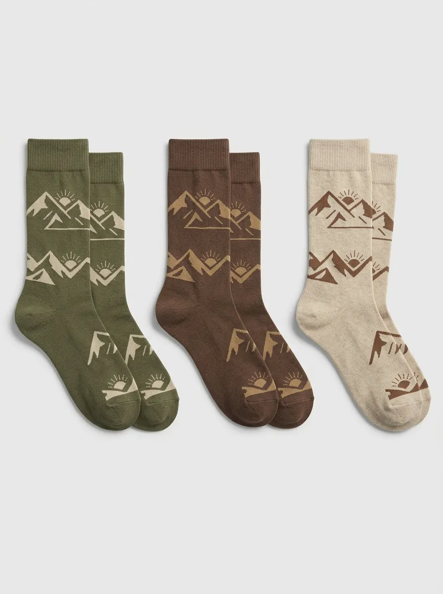 Men's Three-Pair Mountain Sun Earth-Tone Crew Sock Set