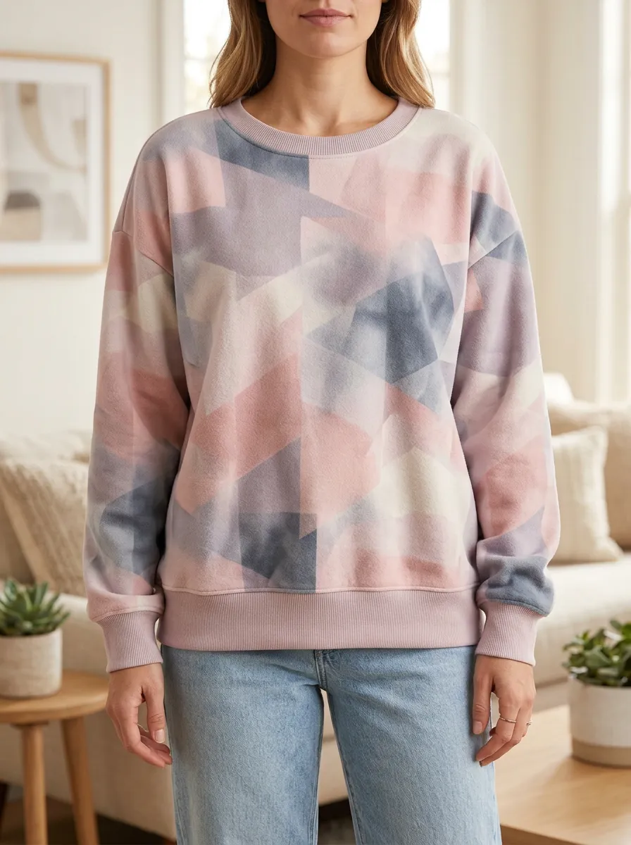 Women's Multicolor Geometric Print Crewneck Sweatshirt Crew Neck Ribbed Trim