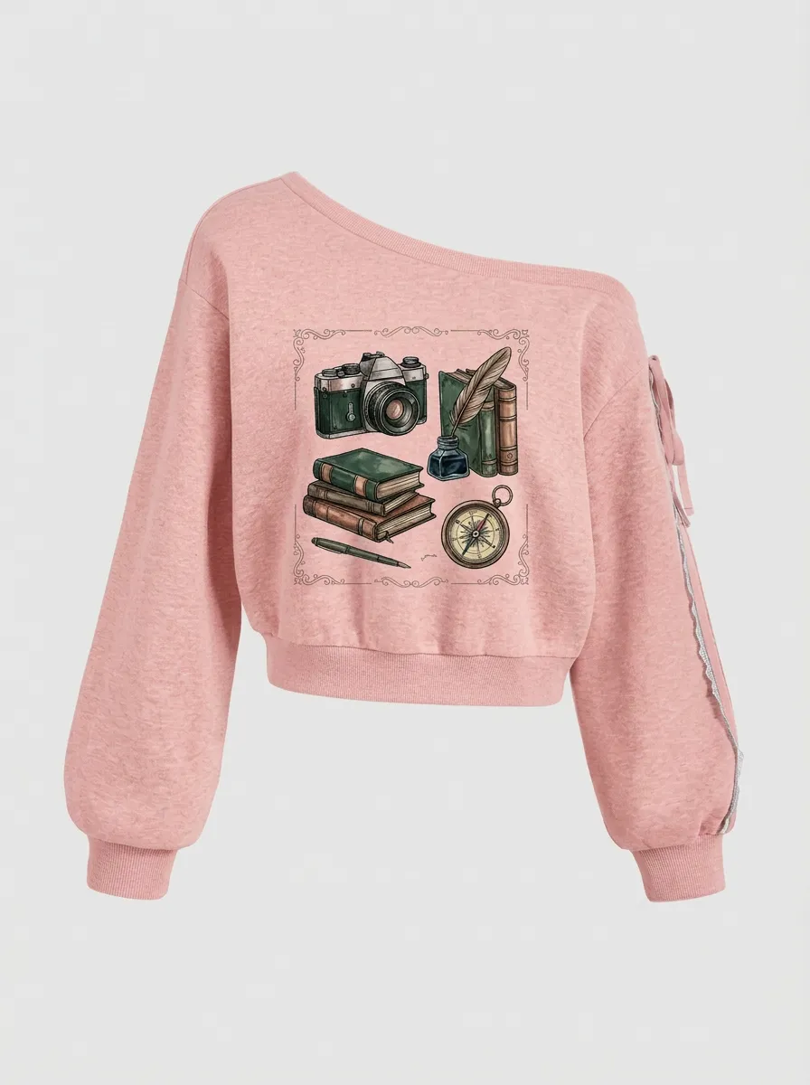 Women's Vintage Traveler Camera Books Compass Graphic Off-Shoulder Sweatshirt