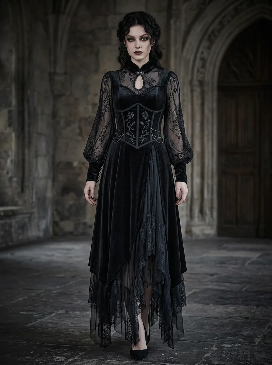 Punk Rose Lace Velvet Statement Women's Gothic Dress
