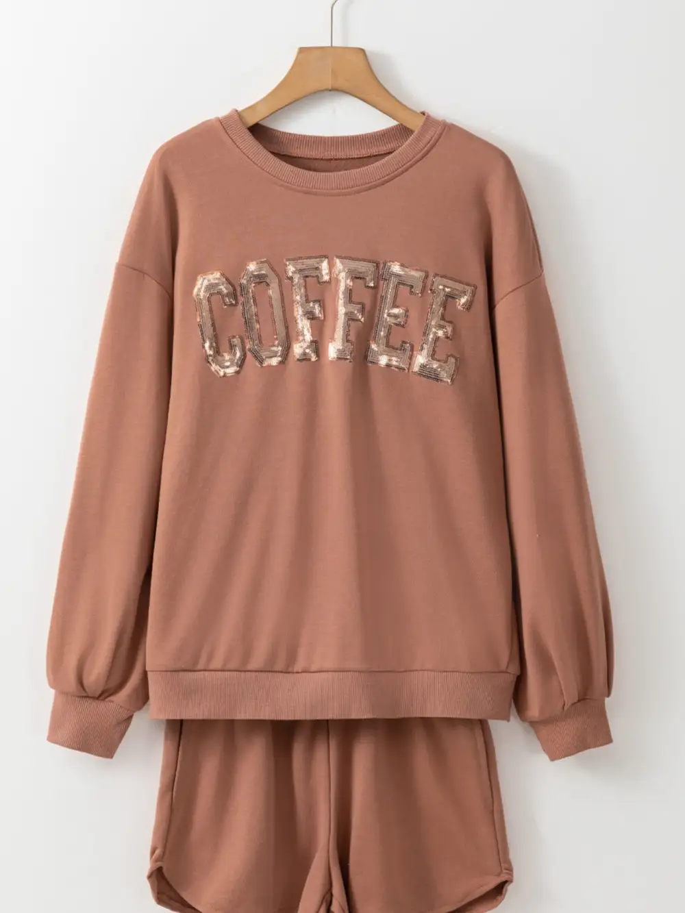 Coffee Round Neck Sweatshirt and Shorts Set