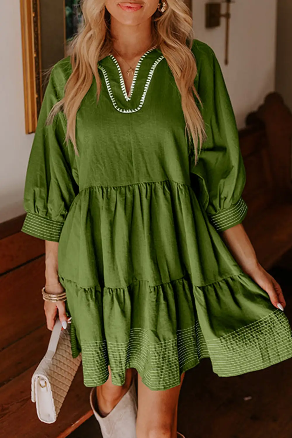 Tiered Tie Detail Contrast Trim Mini Dress