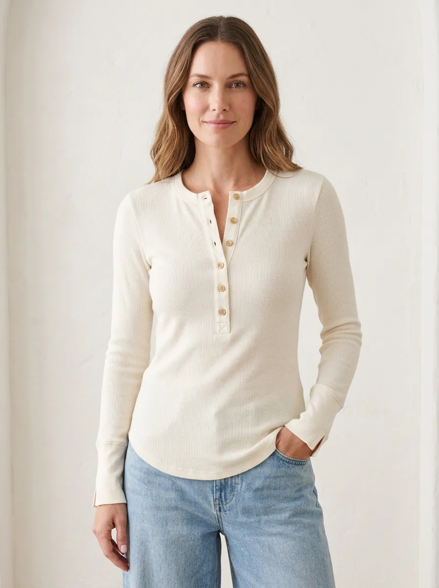 Women's Casual Minimalist Ribbed Button-Down Long Sleeve Henley Shirt