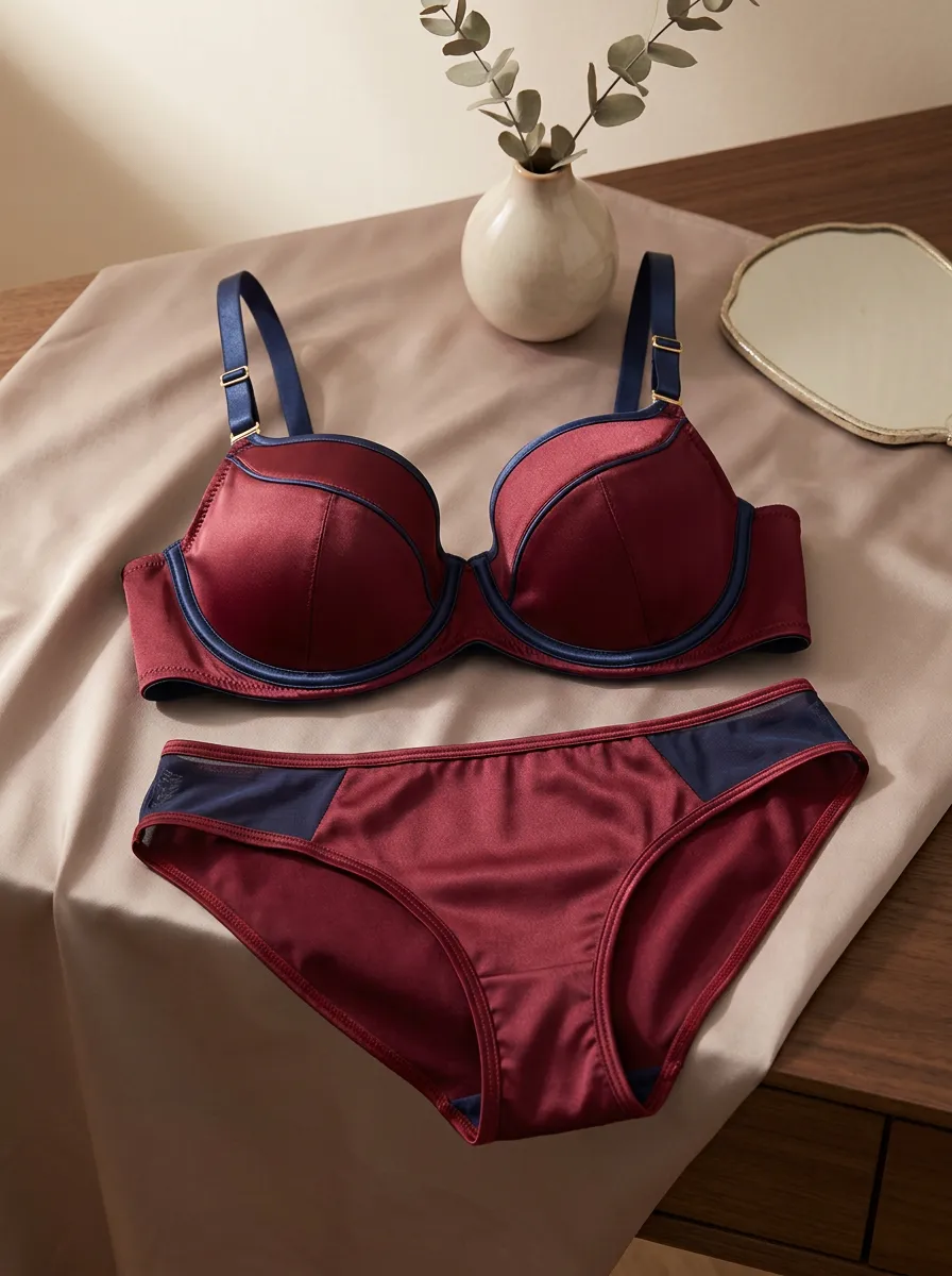 Women's Satin Contrast Trim And Mesh Lingerie Set