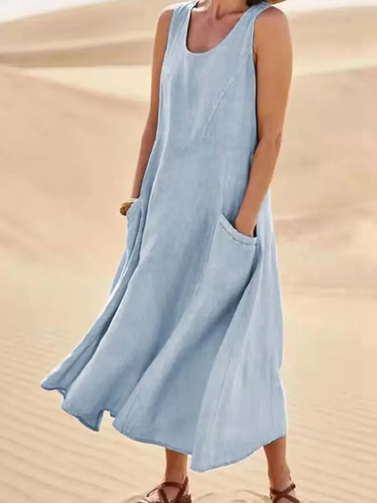 Sleeveless Linen Blend Cotton Blend Maxi Relaxed Fit Dress
