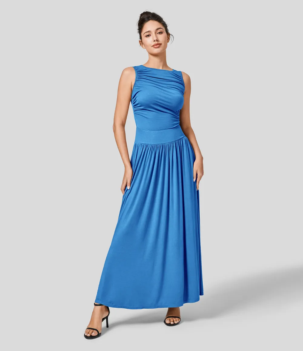 Ribbed Boat Neck Ruched Side Pocket Flowy Maxi Casual Dress