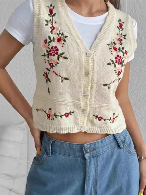 Embroidered Button-Up Sweater Vest