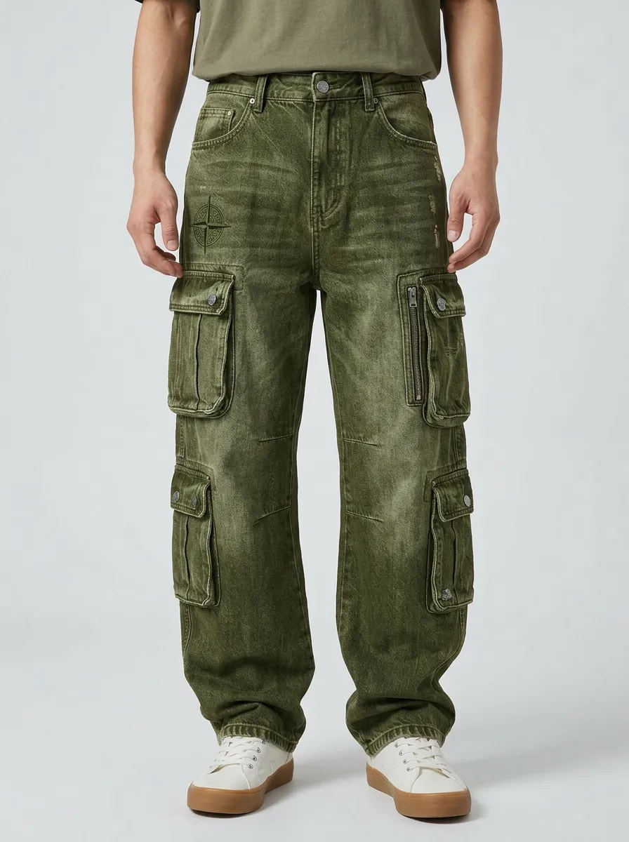 Men's Streetwear Compass Patch Washed Black Printed Cargo Jeans