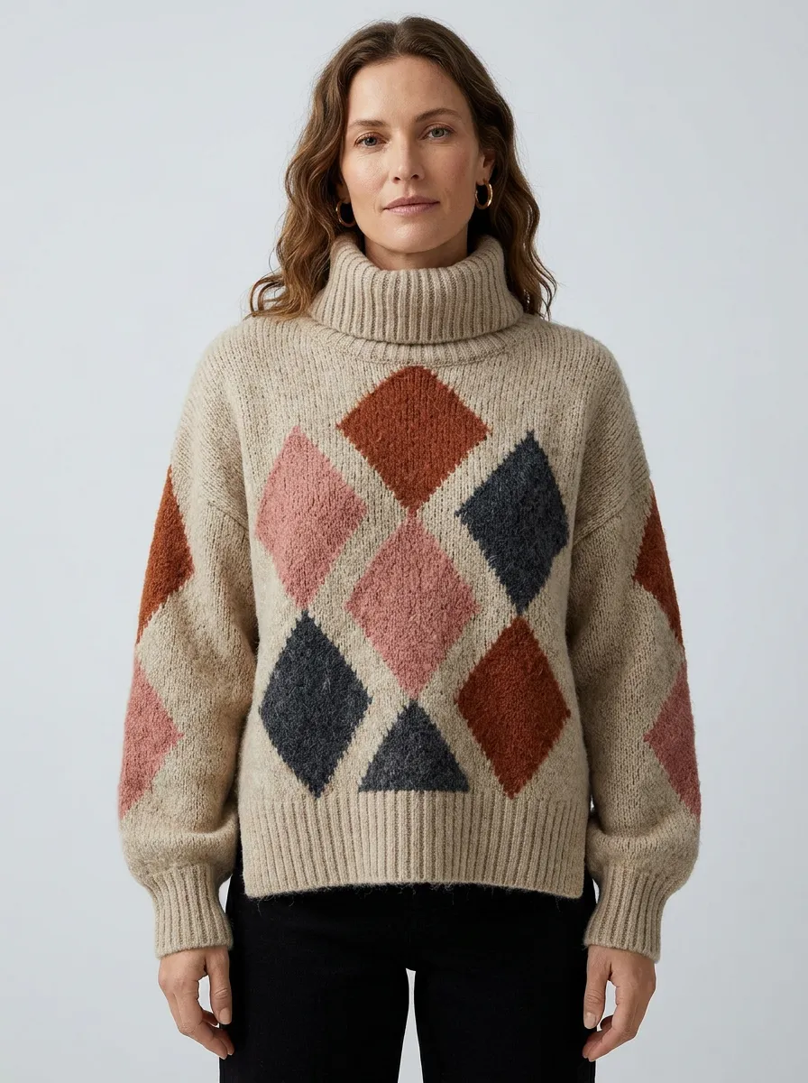 Women's Vintage Style Argyle Pattern Knitted Turtleneck Sweater