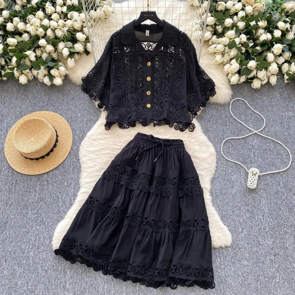 Comfort French Court Lace Hollow Out Crochet Short Top High Waist Lace Trim Matching Set
