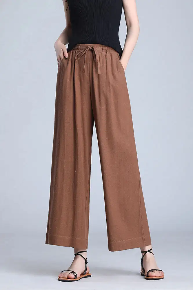 Structured Linen Wide Leg Elastic Waist Pocketed Trousers