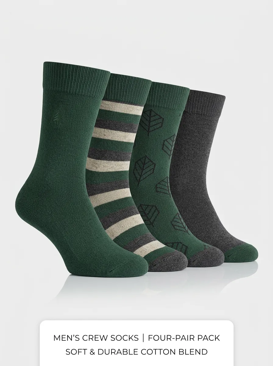 Striped Geometric Leaf Motif Tree Motif Men's Crew Socks Four-Pair Pack