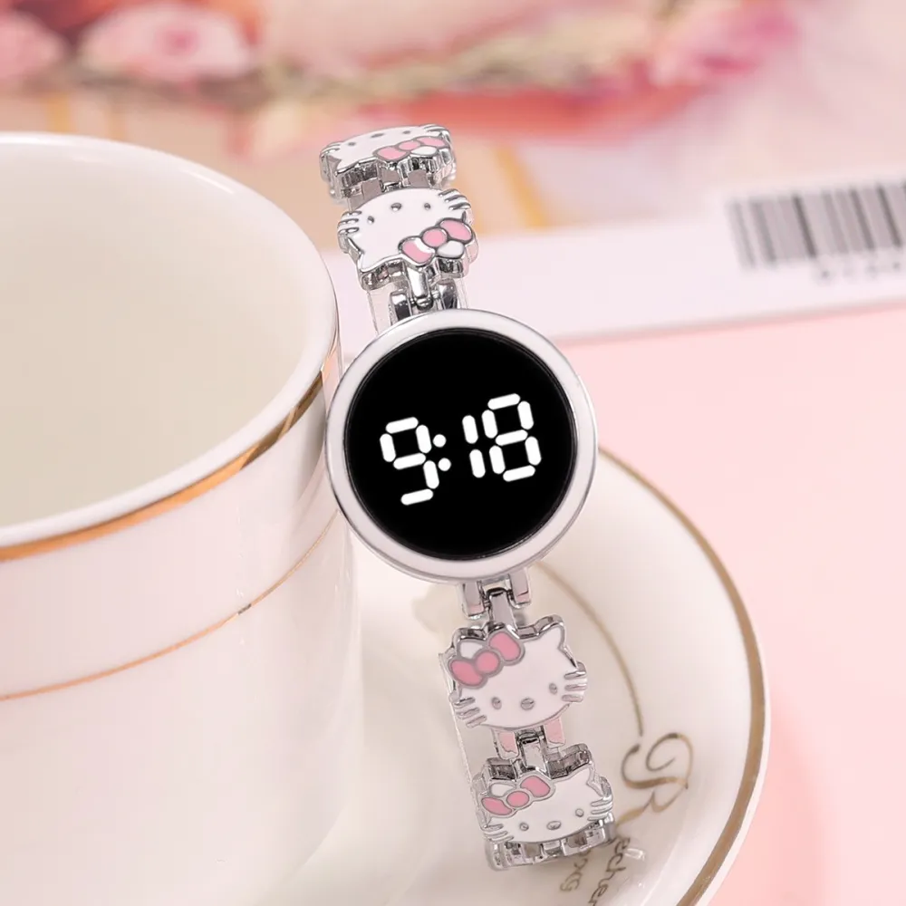 Kawaii Digital Watch | Silver Metal Bracelet with Pink Bow Accent