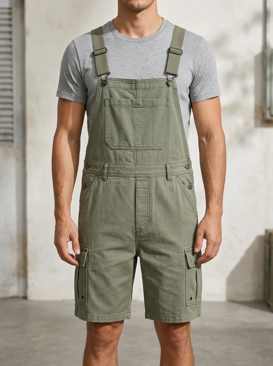 Men's Casual Olive Green Cargo Bib Overall Shorts