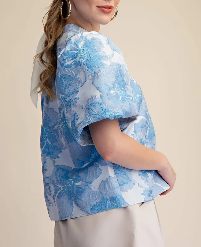 V-Neck Puff Sleeve Jacquard Top