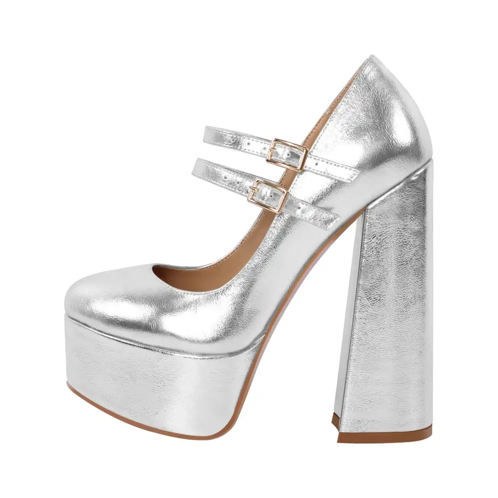 Round Toe Platform Chunky Heel Buckle Strap Pumps