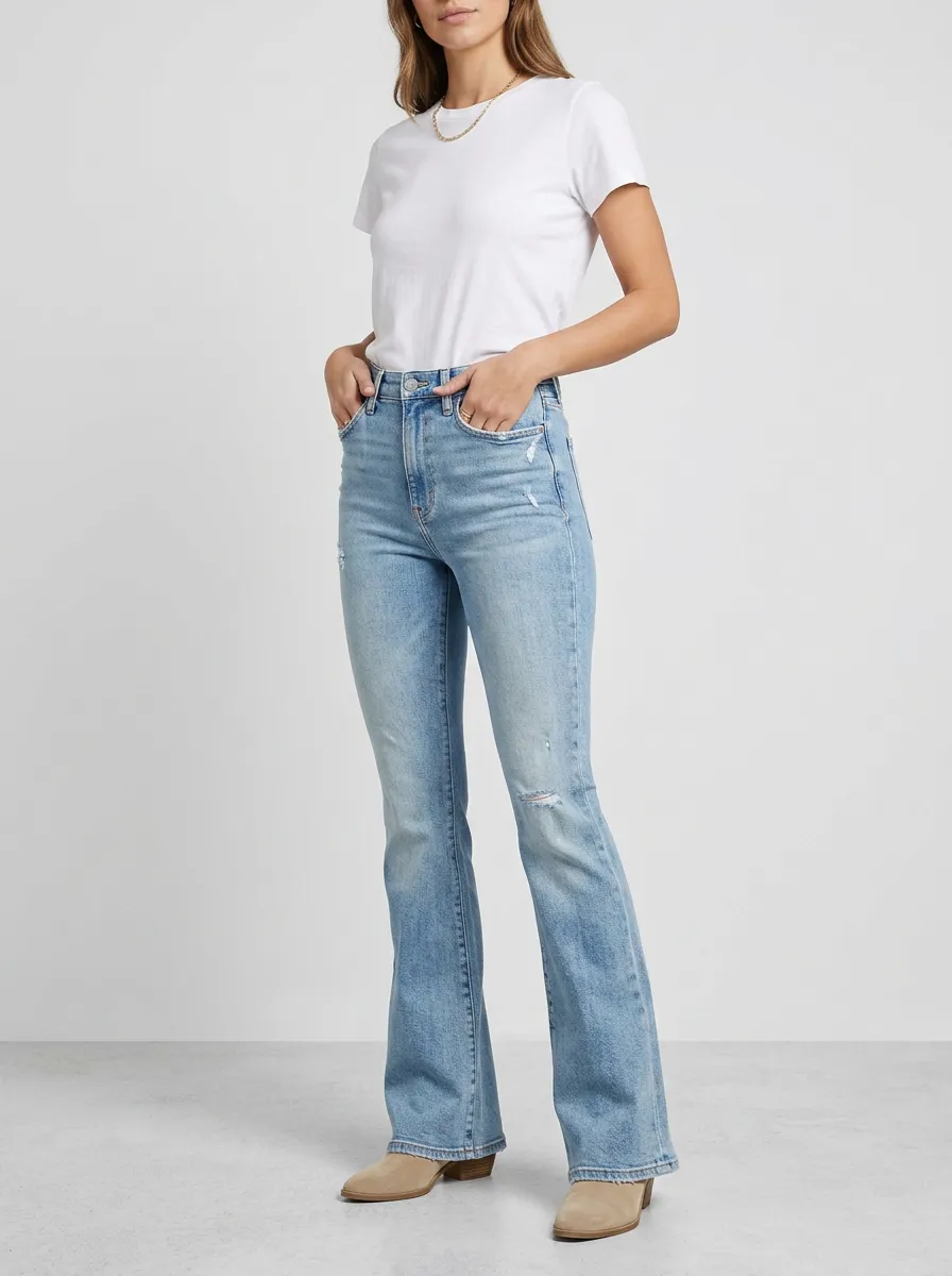 High-Waist Distressed Women's High-Waist Stretch Flare Jeans