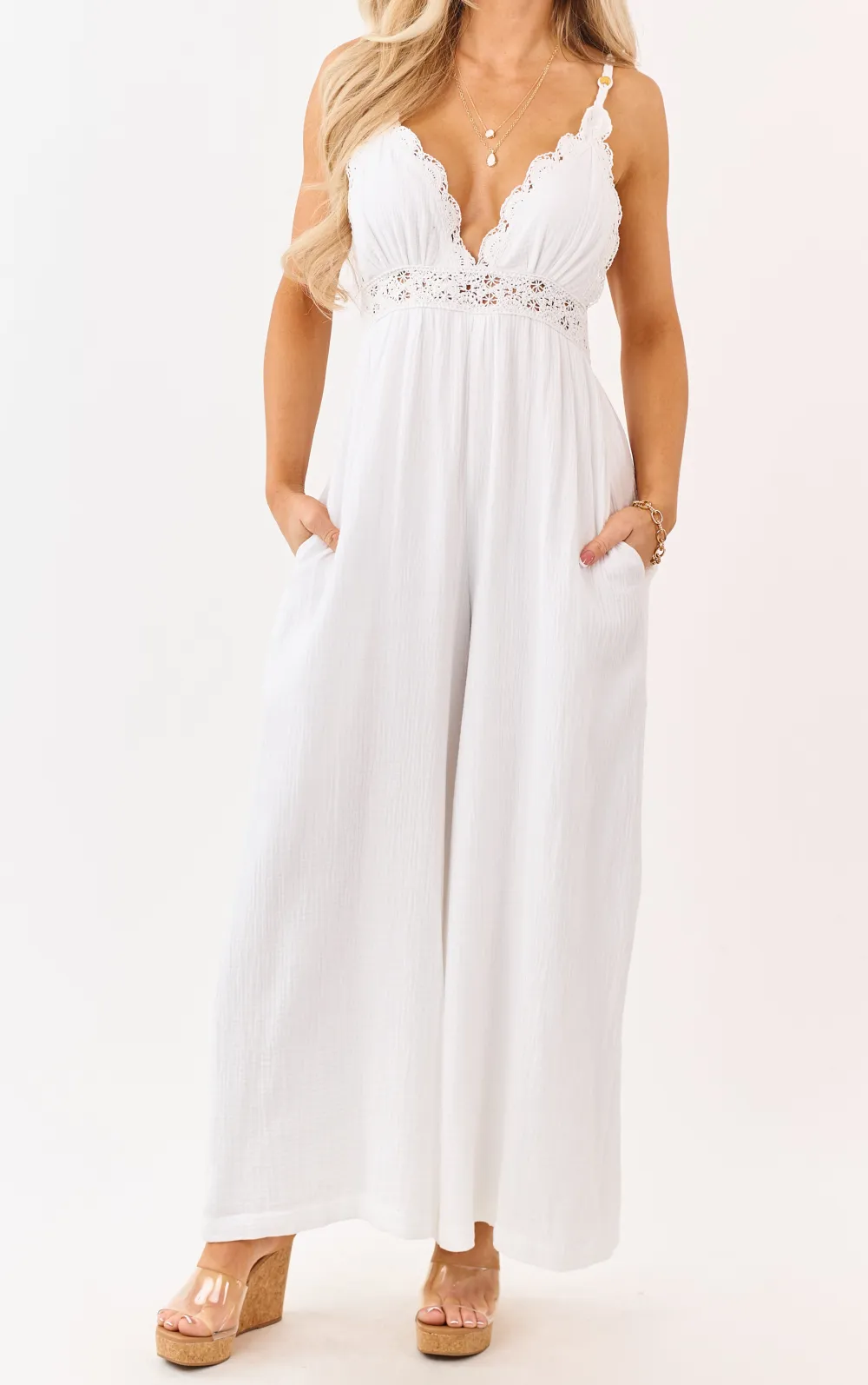 Cotton Gauze Crochet Lace Sleeveless Jumpsuit