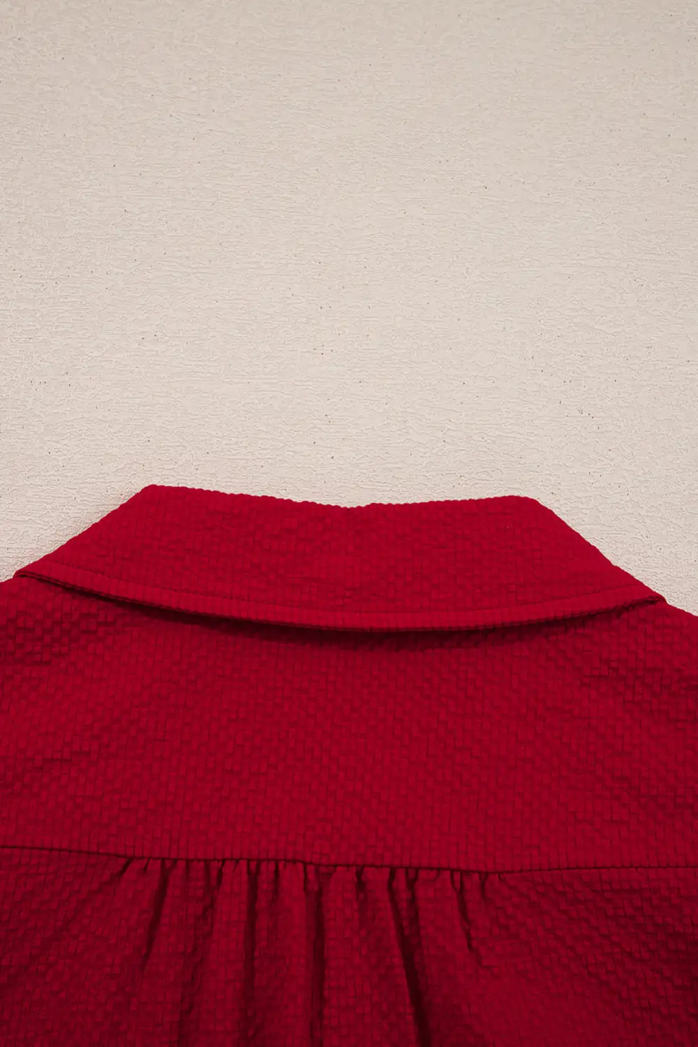Fiery Red Collar V Neck Leopard Contrasted Trim Textured Blouse