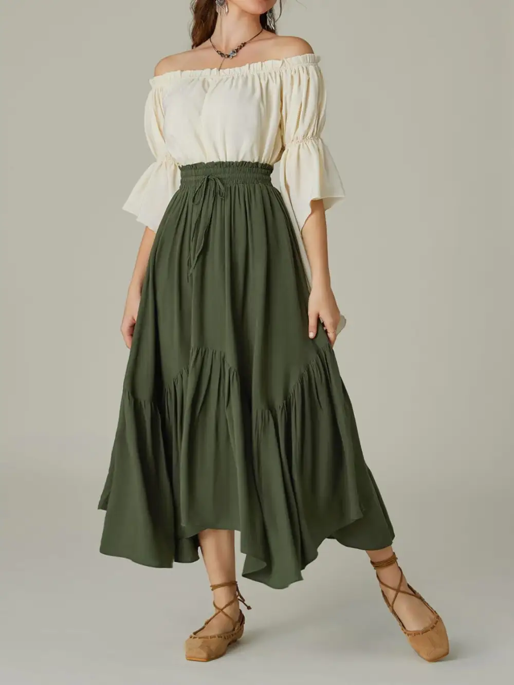 Smocked Waist Band Ruched Layered Skirt Maxi