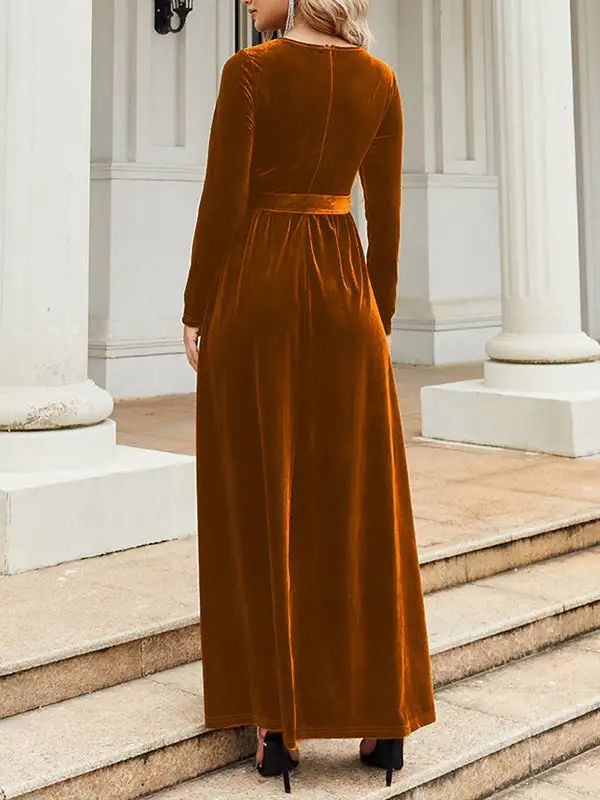 Pleated Wrap Belted Long Neck Maxi Dress