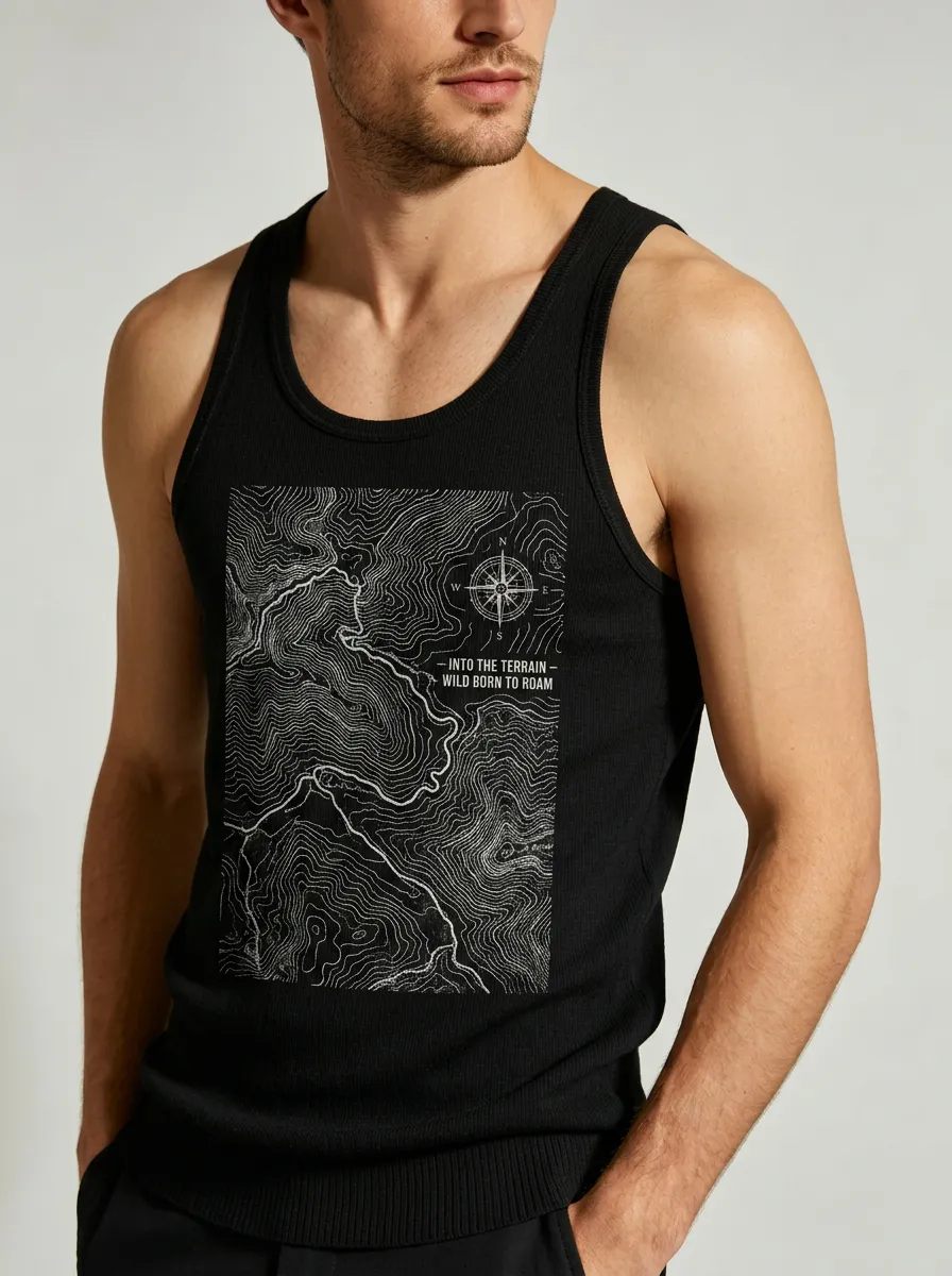 Men's Hiking Outdoor Lover Topographic Map Compass Printed Tank Top