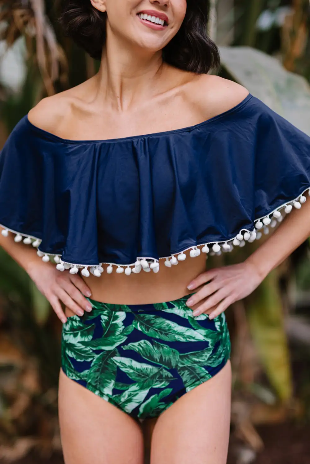 Swimwear Retro Flounce Tassel Off Shoulder High Waisted Bikini