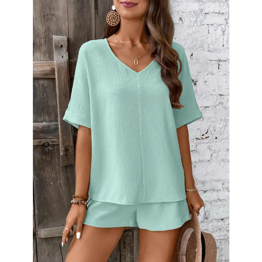 Relaxed Fit V Neck Top and Shorts Two Piece Set