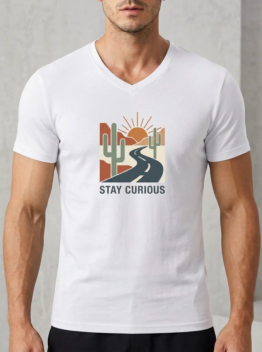 Men's Travel Adventure Stay Curious Cactus Desert Road Printed V-Neck T-Shirt