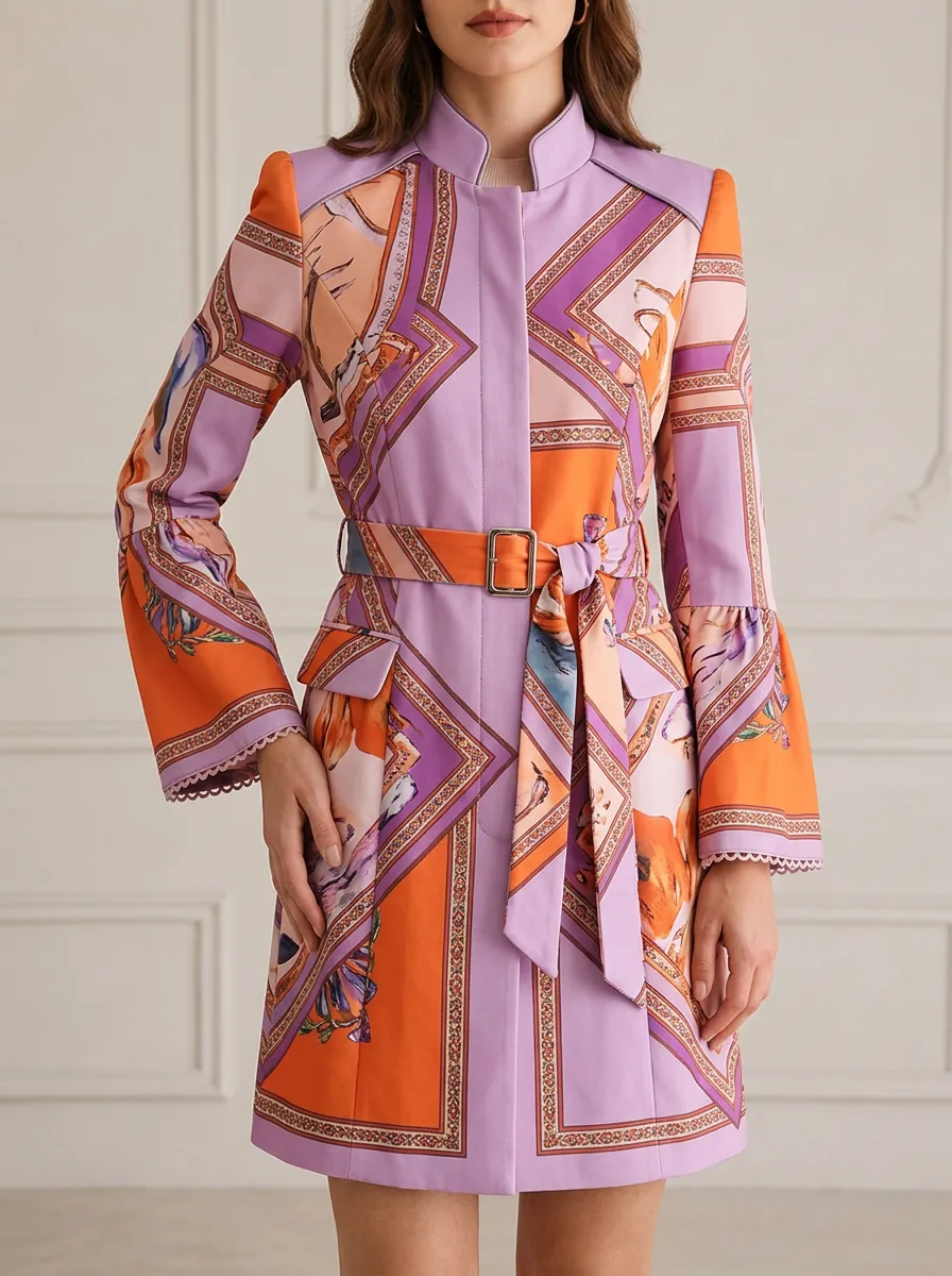 Women's Geometric Floral Scarf Print Belted Printed Coat