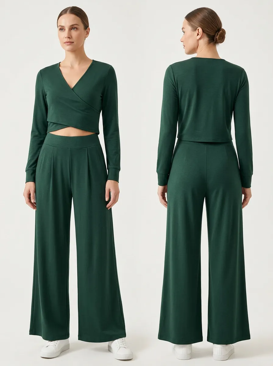 Women's Wrap V-Neck Crop Top and Pleated Wide-Leg Trouser Set