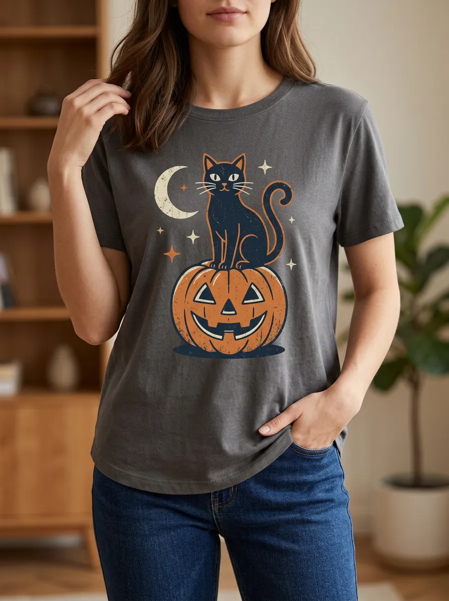 Women's Halloween Black Cat Pumpkin Moon Printed T-shirt