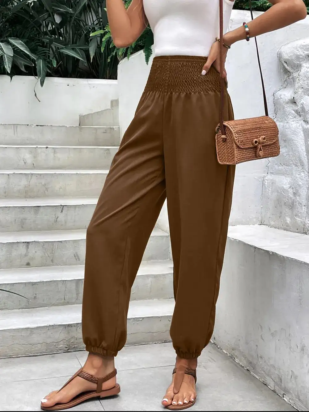 Jogger High Waist Smocked Waist Pocketed Pants