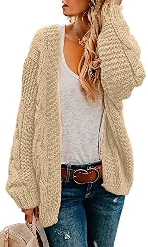 Womens Open Front Long Sleeve Chunky Knit Cardigan Sweaters Loose Outwear Coat