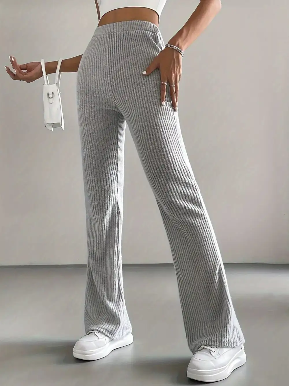 Classic Ribbed Knit High Waist Flare Pants