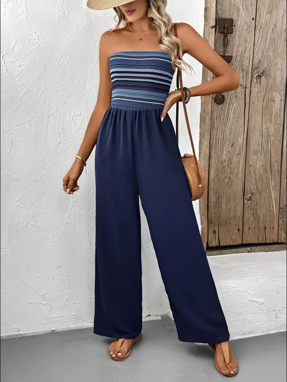 Boho Embroidered Striped Strapless Jumpsuit
