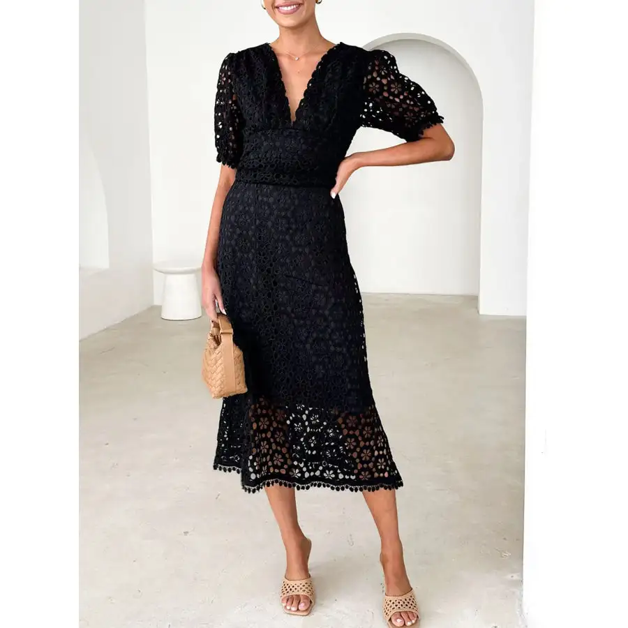 Eyelet Lace V-Neck Midi Dress with Puff Sleeves