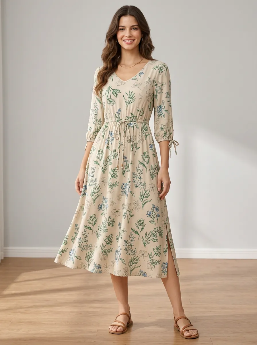Women's V Neck Fine Detail Botanical Floral Print Midi Dress