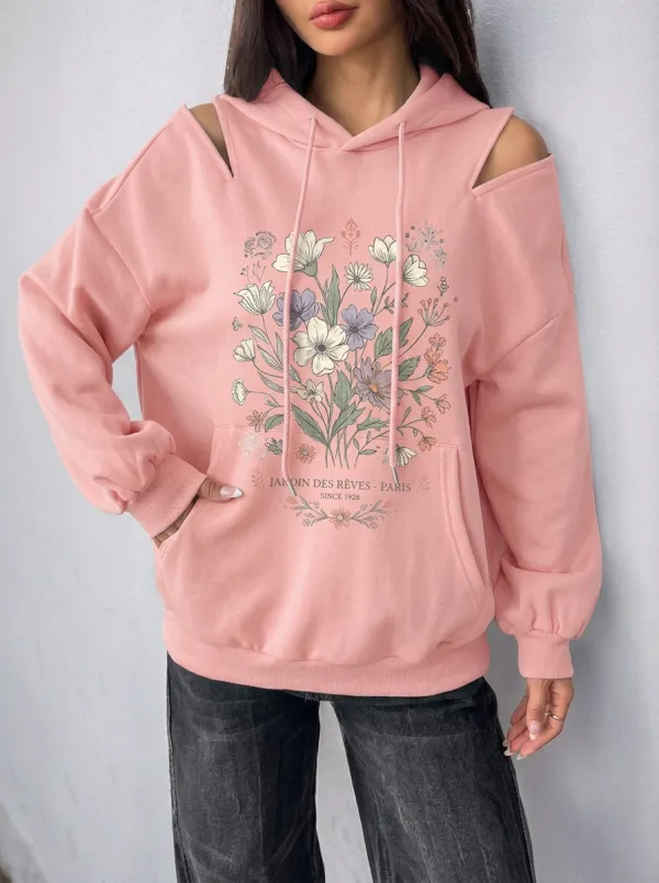 Women's Floral Paris Garden Printed Cold Shoulder Hoodie