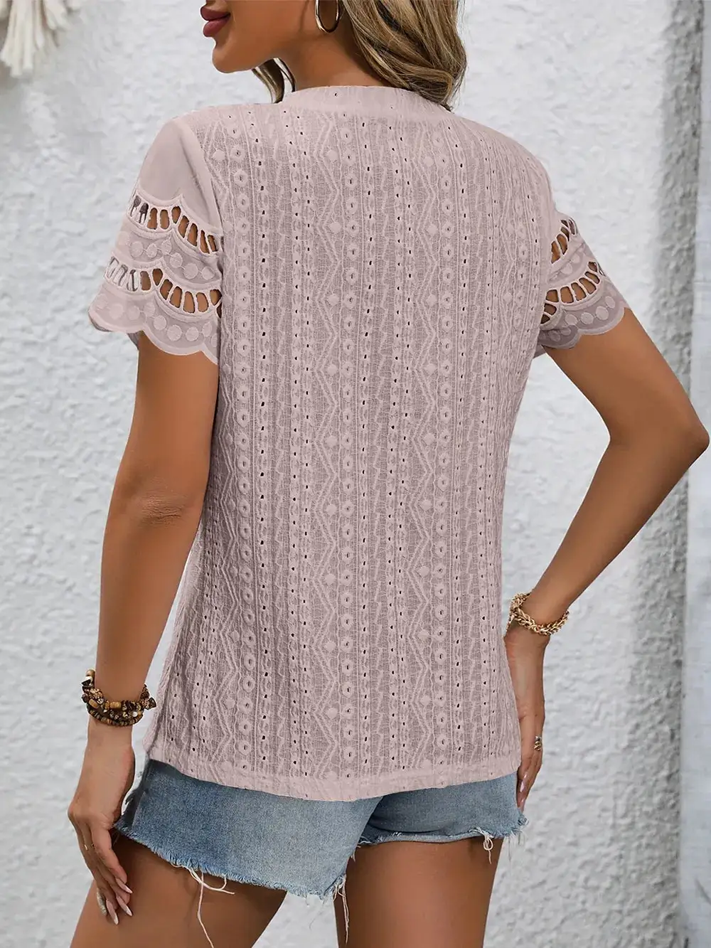 Eyelet Round Neck Short Sleeve Top