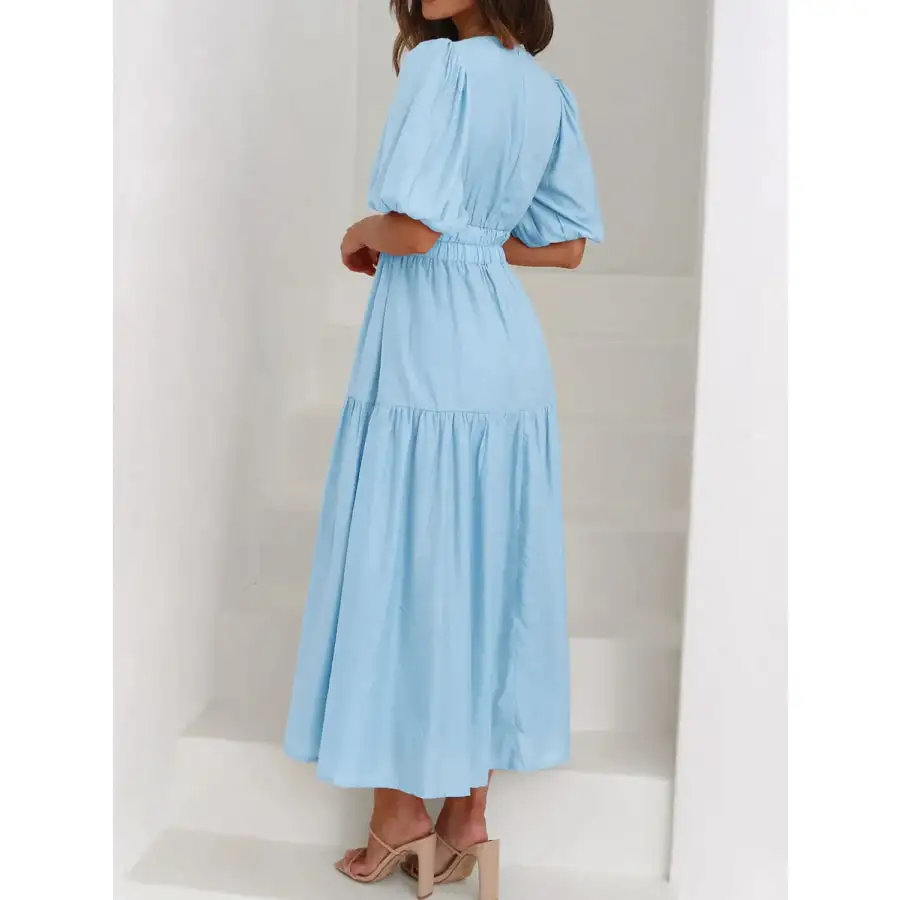 Neck V-Neck Puff Sleeve Midi Dress