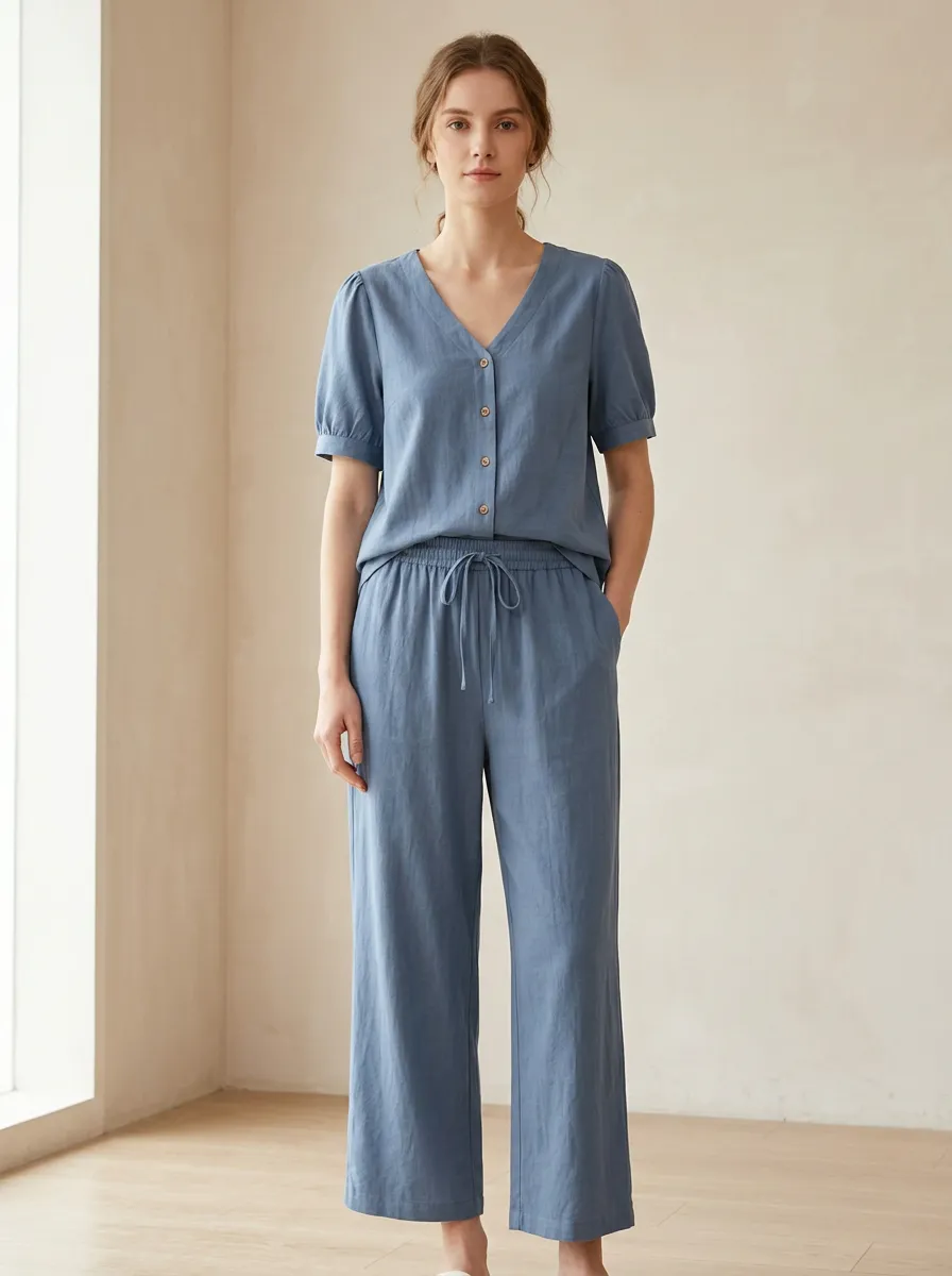 Short-Sleeve Button-Front Relaxed Women's V-Neck Casual Lounge Set