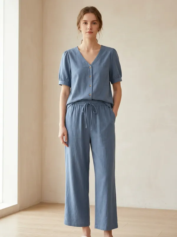 Short-Sleeve Button-Front Relaxed Women's V-Neck Casual Lounge Set