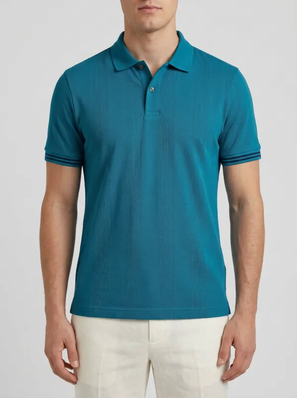 Men's Casual Business Grey Striped Texture Tipped Sleeve Polo Shirt
