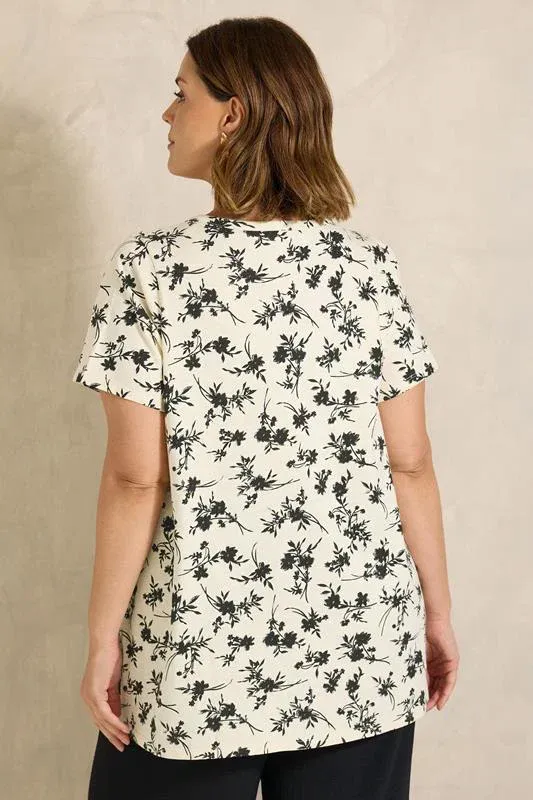Ivory Floral Print Cotton Henley Top