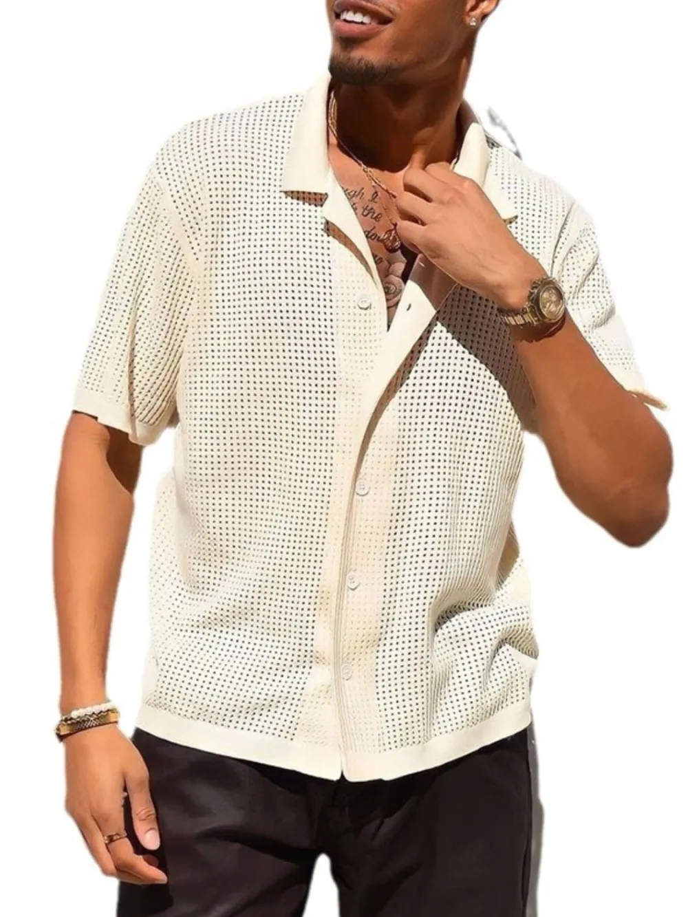 Button Down Openwork Collared Shirt