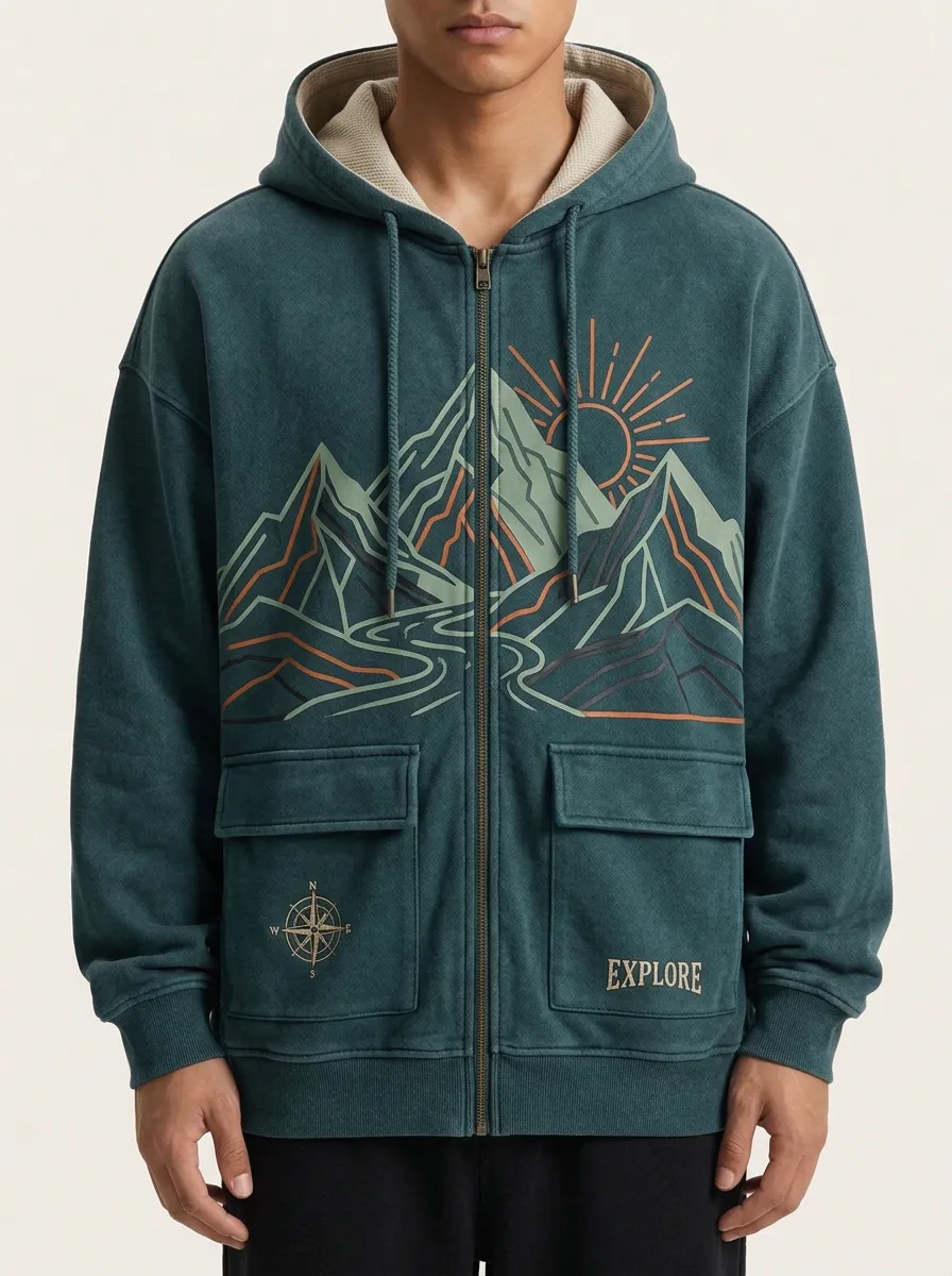 Men's Outdoor Adventure Mountain Sun Compass Printed Zip Hoodie